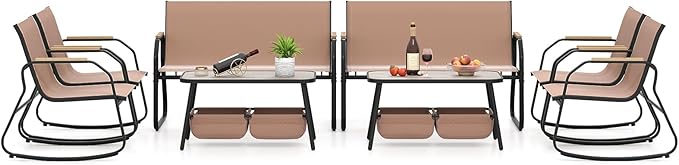 Tangkula 8 Pieces Patio Furniture Set with 2 Rocking Bistro Chairs, Outdoor Conversation Set with 2-Tier Coffee Table and Breathable Fabric Chairs for Porch, Garden, Lawn and Backyard (2, Brown)