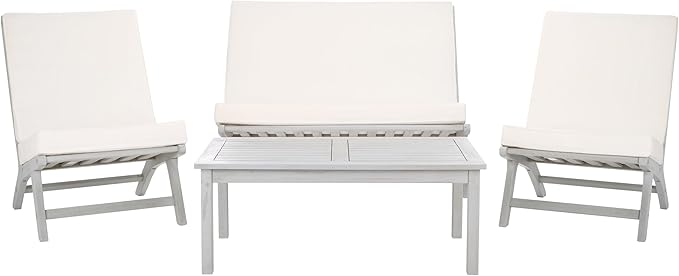 SAFAVIEH Outdoor Collection Chaston Grey Wood/Beige Cushion 4-Piece Conversation Patio Set