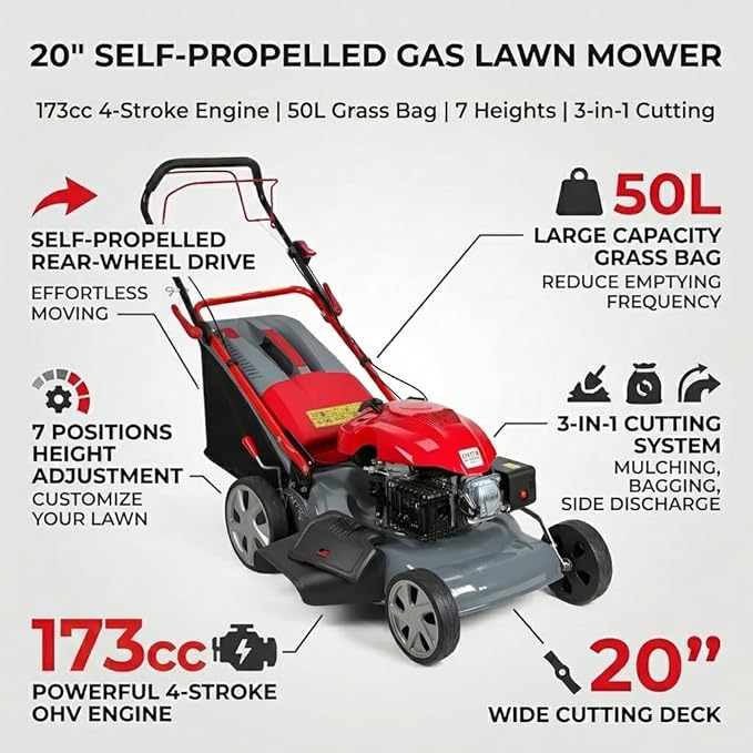 173cc Gas Lawn Mower, Self-Propelled Rear Wheel Drive, Adjustable 3-Speed Settings, 20" Cutting Width, 60L Grass Catcher, Ideal for Large Lawns, Easy Start & Efficient Grass Collect Red