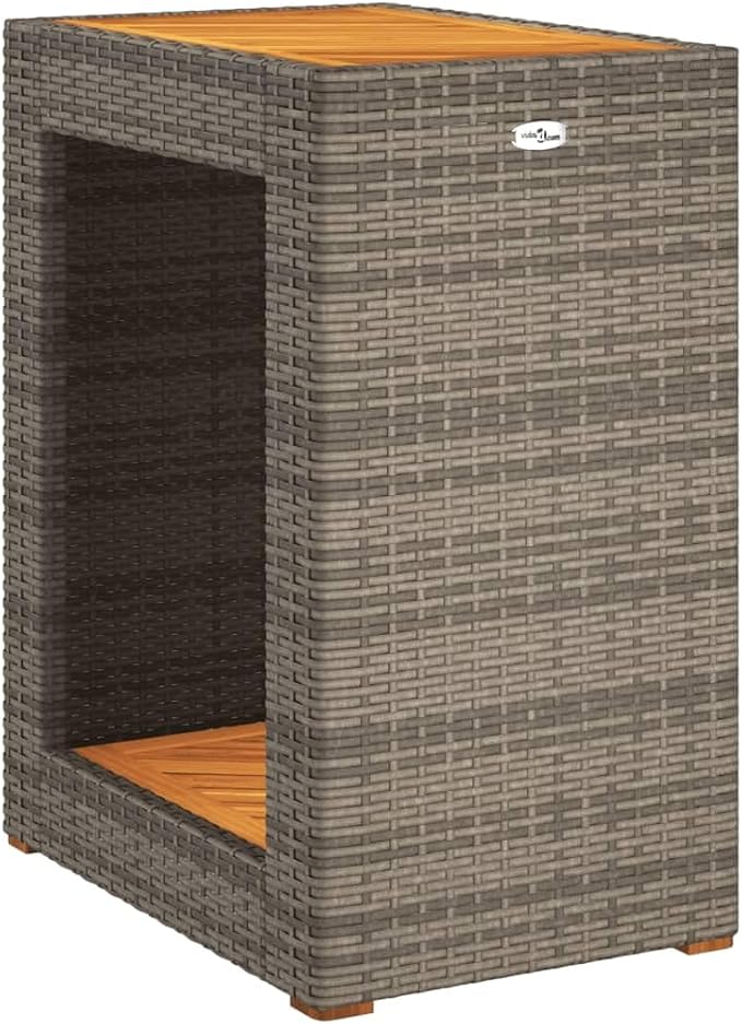 vidaXL Patio Side Table with Wooden Top, Exterior Tea Table with Storage, Rectangular Coffee Table for Garden Backyard, Modern, Gray Poly Rattan