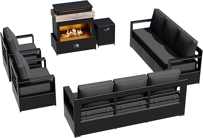 Outdoor Aluminum Furniture Set, 5-Piece Patio Conversation Set, 2 Swivel Chairs, 2 Sofa and 1 Fireplace, All-Weather Metal Frame, 6" Thick Removable Cushions, Deep Setting for Garden and Porch