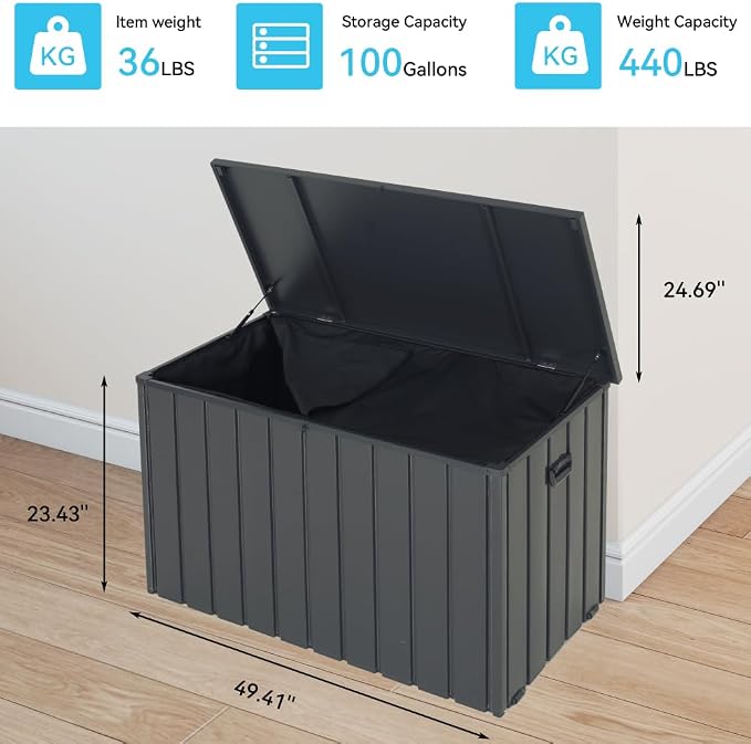 160 Gallon Waterproof Outdoor Deck Box Storage Chest in Dark Gray, Large Capacity Patio Storage for Garden Tools, Cushions, and More (100 Gallon (Dark Gray) + Waterproof Storage Bag)