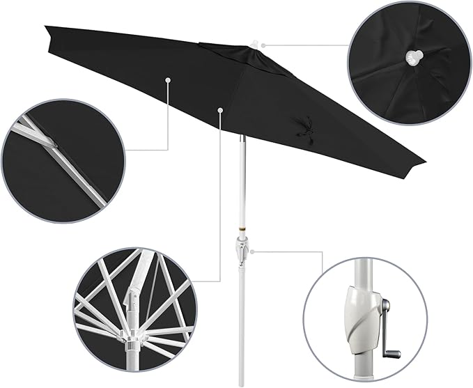 California Umbrella 12-Year Protection 9' Rd Aluminum Patio Umbrella, Crank Lift, Auto Tilt, White Finish, Sunbrella Black