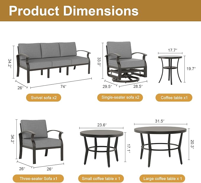 Aluminum Patio Furniture Set,7 Seats Outdoor Sectional with 2 Round Coffee Tables,Patio Conversation Sets w/5.1" Upgraded Thick Cushions for Backyard, Garden and Poolside,Grey