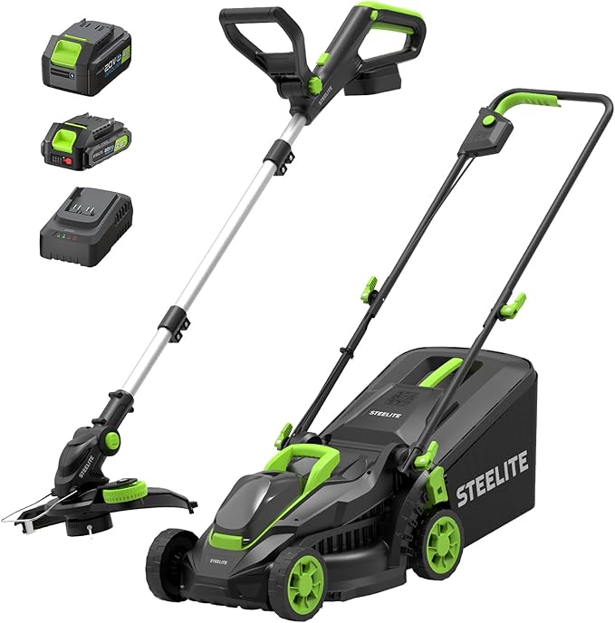 STEELITE 20V Electric Lawn Mower & String Trimmer Combo, 13-Inch Brushless Cordless Lawn Mower with 4.0Ah & 2.0Ah Batteries and Charger, Lightweight Push Mower & Cordless Edger