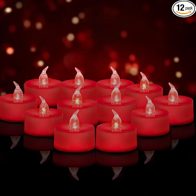 Tea Lights Battery Operated Candles LED Tea Lights Flameless Candles 200+ Hours Flickering Fake Tealights for Sweetest Day Wedding Home Decorations Party (Red Base, 12 Pack)