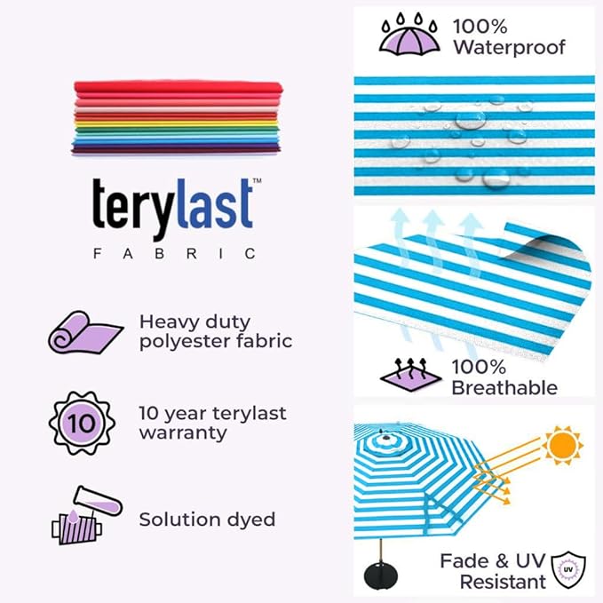 Midtown Umbrellas The LED Swilt 10 Feet Patio Umbrella With Terylast Cobalt Stripes (Blue/White) Polyester Fabric - Auto-Tilt Aluminum Frame w/LED Lights For Backyard, Deck, Garden, Pool - Black Pole