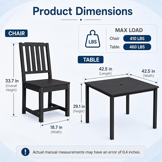 HDPE Outdoor Dining Set for 4, Square Table & Chairs Set | • All-Weather Polywood Composite • 410 lbs Heavy-Duty Support • Built-In 2" Umbrella Hole • Easy Soap-Water Wash