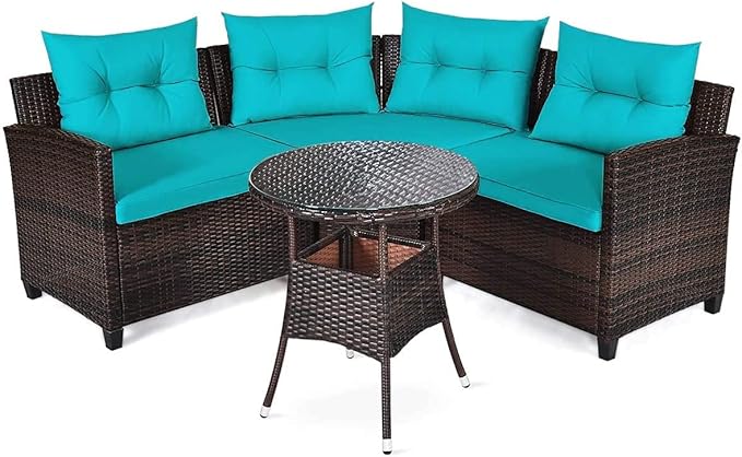 HAPPYGRILL 4 Pieces Patio Furniture Set Outdoor Rattan Wicker Conversation Set with Cushioned Sofas and Coffee Table, L-Shape Sectional Curved Sofa Set for Garden Poolside Balcony