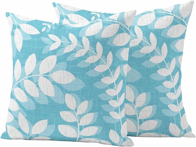 Light Blue Leaves Outdoor Waterproof Throw Pillow Covers 26x26 Set of 2, Farmhouse Botanical Branch Vintage Boho Leaf Decorative Pillowcases Cushion Pillowcase for Couch Sofa Patio Pillow Protector