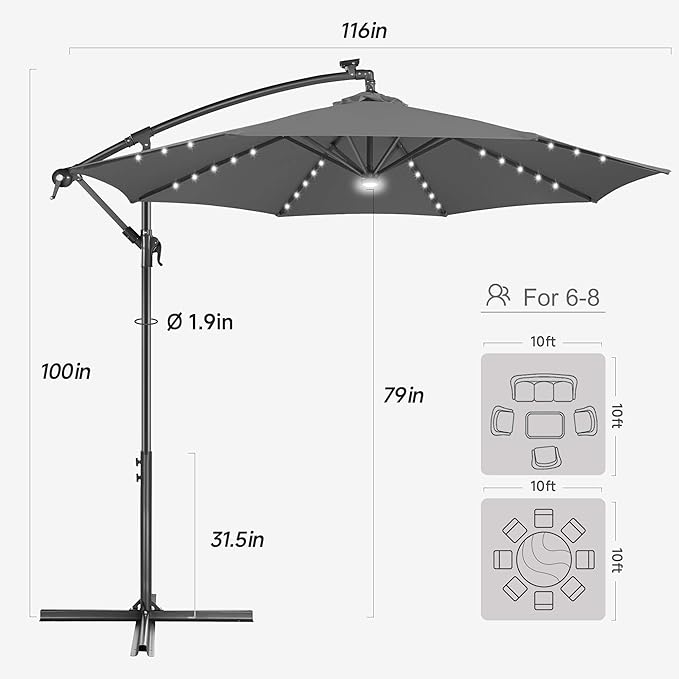 FLAME&SHADE 10ft Solar Cantilever Umbrella with 40 LED Lights, Lighted Large Offset Outdoor Patio Umbrellas, 8 Sturdy Ribs, UPF50+ UV Protection for Pool Deck Garden Yard, Anthracite