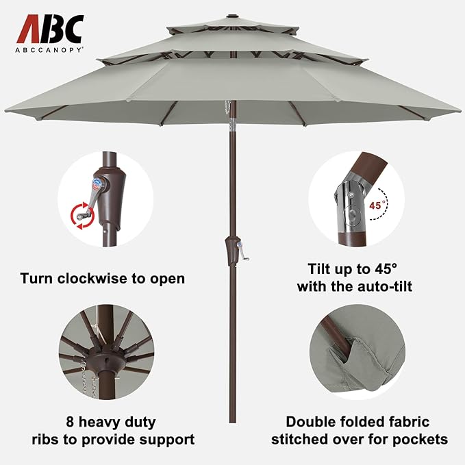 ABCCANOPY 9Ft 3 Tiers Market Umbrella, Outdoor Table Umbrella for Patio, Deck, Backyard (Gray)