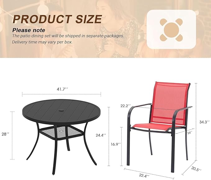VICLLAX 5 Pieces Patio Outdoor Dining Set, 40.6" Round Metal Table with Umbrella Hole and 4 Stackable Textilene Chairs for Patio, Lawn, Garden, Porch, Black/Red