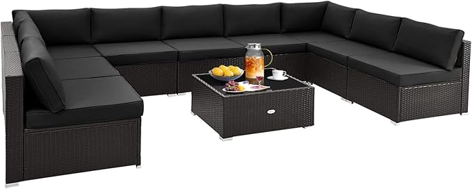 Tangkula 10 Piece Patio Sofa Set, Patiojoy Outdoor Wicker Conversation Set with Seat & Back Cushions, Tempered Glass Tabletop, Sofa Fastener Clips Included, Rattan Furniture Set for Backyard, Poolside