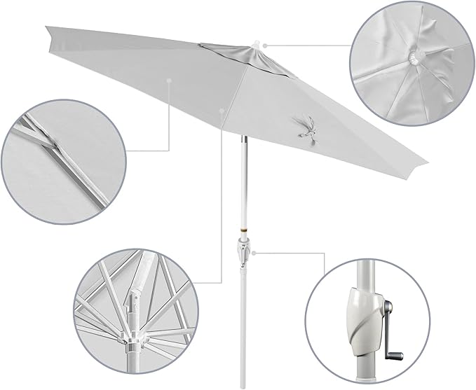 California Umbrella 12-Year Protection 9' Rd Aluminum Patio Umbrella, Crank Lift, Auto Tilt, White Finish, Sunbrella Natural