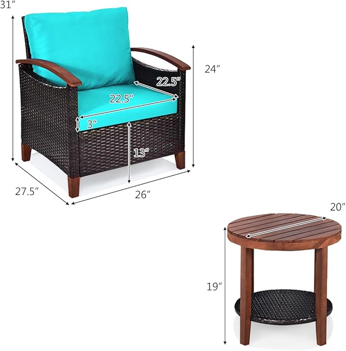HAPPYGRILL 3-Piece Patio Conversation Set Outdoor Rattan Wicker Sofa Set with Cushion and Acacia Wood Frame Table and Chairs Set for Garden Poolside Balcony