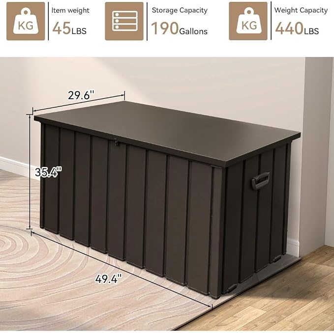 160 Gallon Waterproof Outdoor Deck Box Storage Chest in Dark Gray, Large Capacity Patio Storage for Garden Tools, Cushions, and More (190 Gallon (Dark Brown))