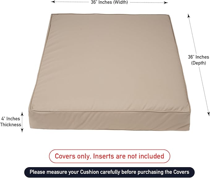 Covers & All Square Outdoor Cushion Covers for Patio Furniture Sets, Water, Tear & UV Resistant Polyester Cushion Slipcover with Zippers (Pack of 2) (36" L x 36" W x 4" Thick, Beige)