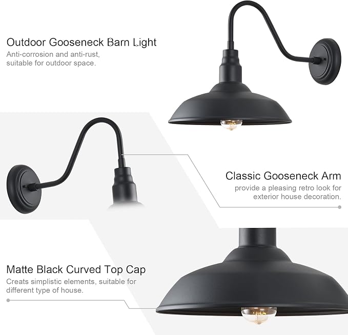 14 Inch Gooseneck Barn Lighting Outdoor Large Exterior Gooseneck Light Fixtures, Matte Black Farmhouse Barn Lights 2 Pack Outside Goose Neck Deck Wall Sconce for House, Garage