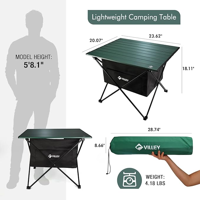 VILLEY Portable Camping Side Table, Ultralight Aluminum Folding Beach Table with Carry Bag and Under-Table Storage Hammock for Outdoor Cooking, Picnic, Camp, Boat, Travel, Large