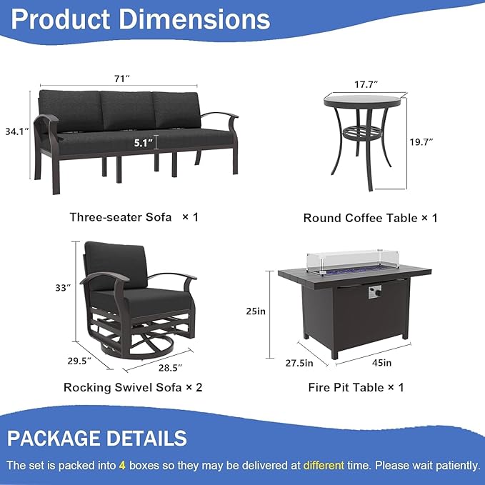 Kullavik Aluminum Patio Furniture Set with Propane Gas Fire Pit,5-seat Metal Outdoor Furniture w/Swivel Chairs,Patio Sectional Sofas w/5.1" Cushions for Patio,Backyard,Poolside-Black