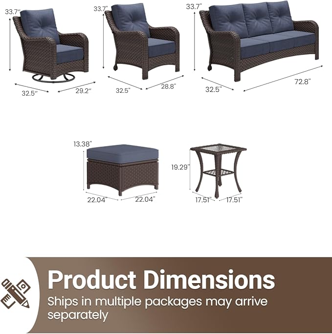 9 Pieces Outdoor Furniture Set with 6-inch Cushions, High Back Wicker Swivel Rocker Chairs with Coffee Table, Luxury Conversation Set for Deck Patio and Poolside