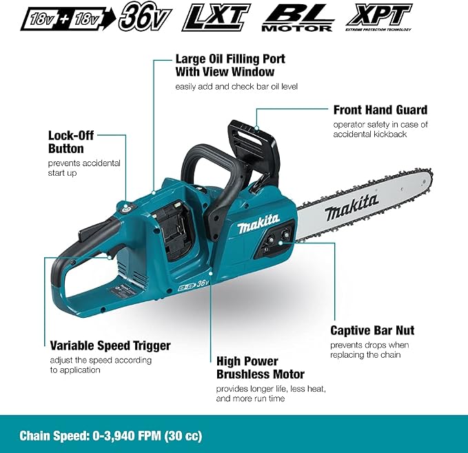 Makita DUC355Z Twin 18V (36V) Li-Ion LXT 350mm Brushless Chainsaw - Batteries and Charger Not Included