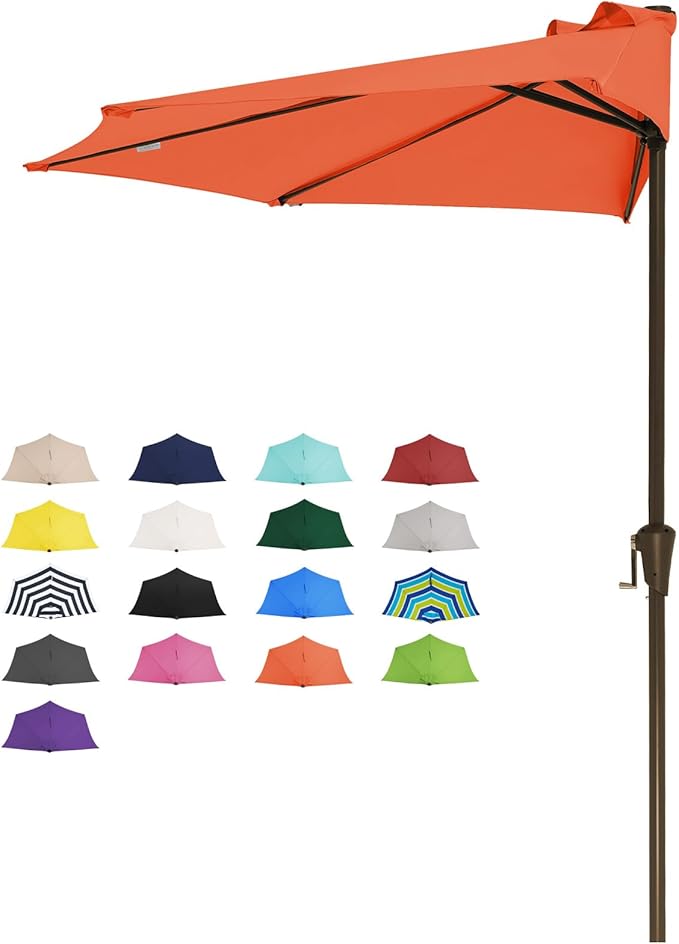 JEAREY 9ft Half Umbrella Outdoor Patio Umbrella Market Umbrellas with Crank, 1/2 Round Wall Umbrella 5 Sturdy Ribs UV Protection for Pool Garden Balcony Deck, Orange