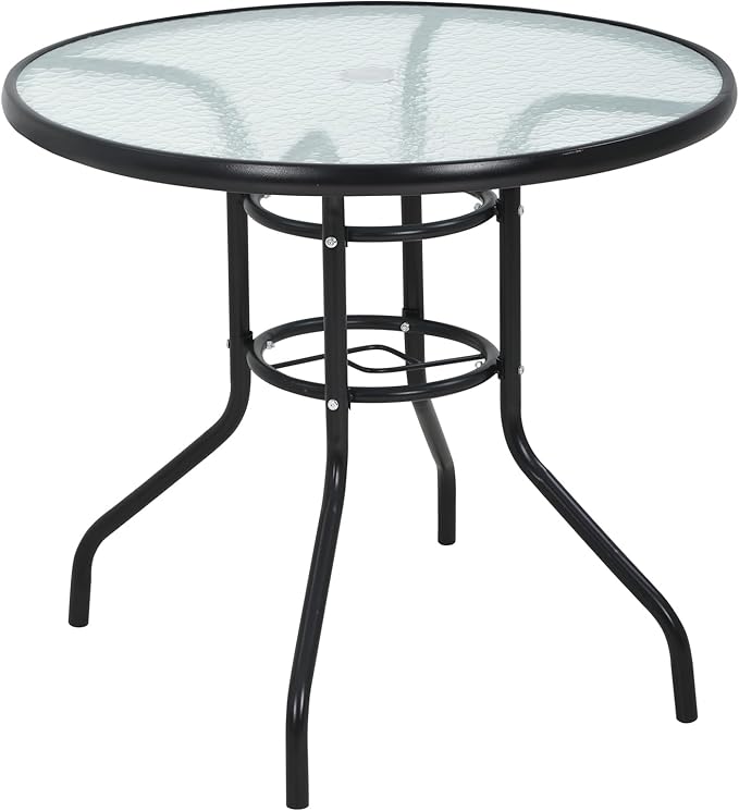 Outdoor Patio Table with Umbrella Hole, 32 inches Tempered Glass Top Round Patio Table,Conversation Coffee Table Metal Steel Frame All-Weather Furniture for Balcony, Backyard, Poolside (Round)