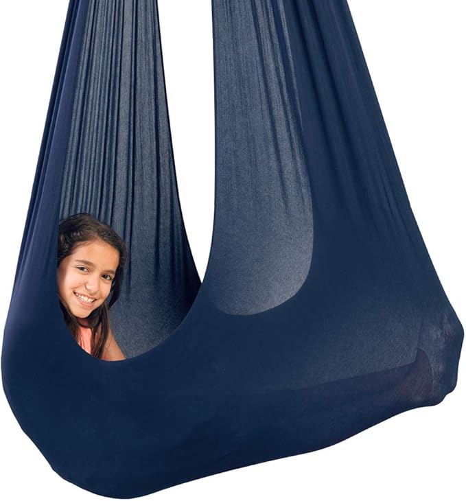 Quility Indoor Therapy Swing for Kids with Special Needs | Lycra Snuggle Swing | Cuddle Hammock for Children with Autism, ADHD, Aspergers | Ideal for Sensory Integration (Up to 77lbs, Dark Blue)