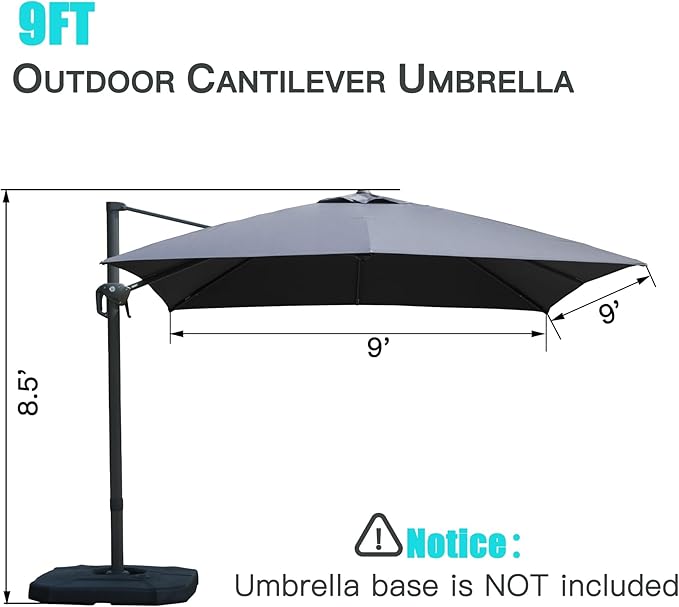 Domi Cantilever Patio Umbrella 9’x9’, Aluminum Windproof Outdoor Umbrella with 360°Rotation, Square Offset Sun Shade Umbrella for Outside Deck Backyard Garden Pool, Gray