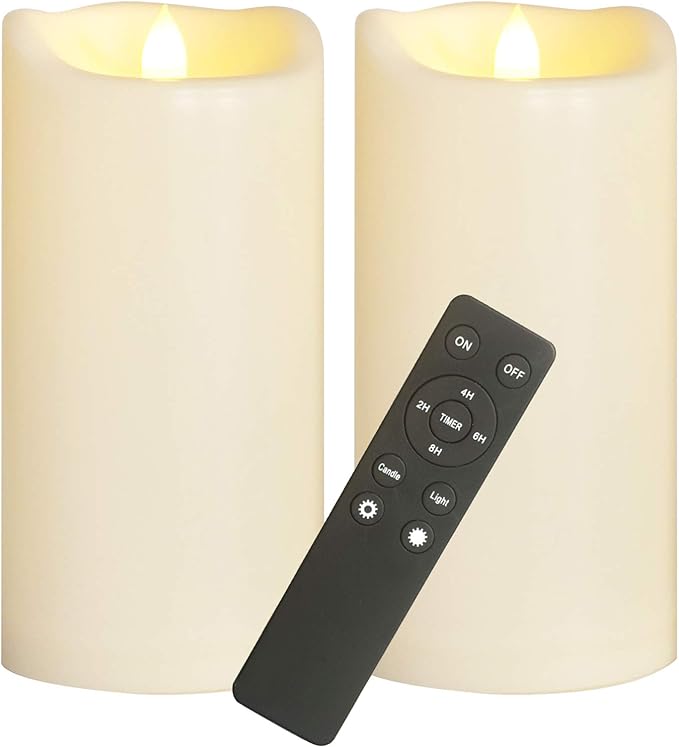 Outdoor Waterproof Large Flameless LED Candles with Remote Timer Battery Operated Plastic Big Pillar Candles for Garden Patio Home Wedding Party Decorations Flickering Electric Lights 4”x8” 2 Pack