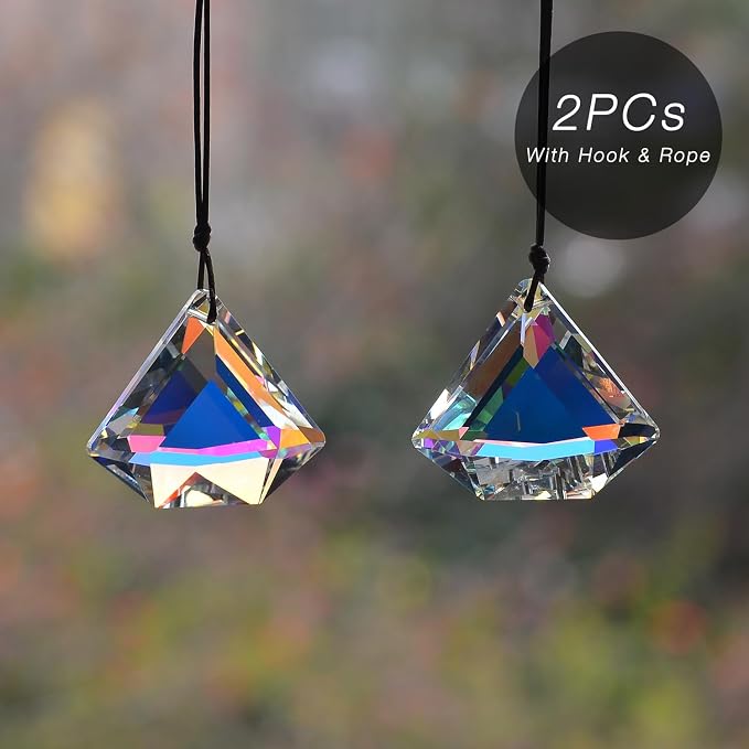 2PCS Diamond Crystal Suncatcher Prisms for Windows(Diamond ABColor) | AB Color, Transparent, K9 Glass, Rainbow Maker, with Hooks & Cord