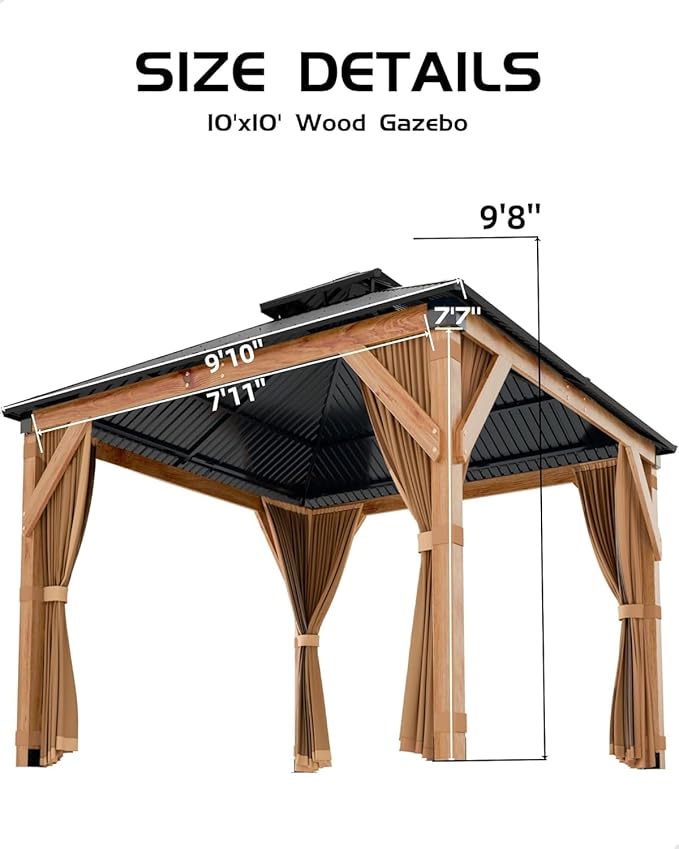 Hardtop Spruce Wood Gazebo 10'x10', with Double Roof of Metal Sheets, 4.7'' Heavy Duty Poles, Net, and Curtain, Permanent Building for Patio, Deck, Backyard, Lawn, and Garden, Khaki
