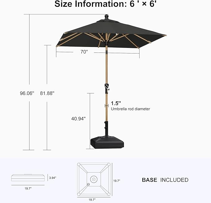 PURPLE LEAF 6' x 6' Square Outdoor Umbrella with Base Outdoor Table Umbrella Aluminum Patio Umbrella with Push Button Tilt & Crank and 8 Ribs Market Umbrella for Pool Backyard Beach, Black