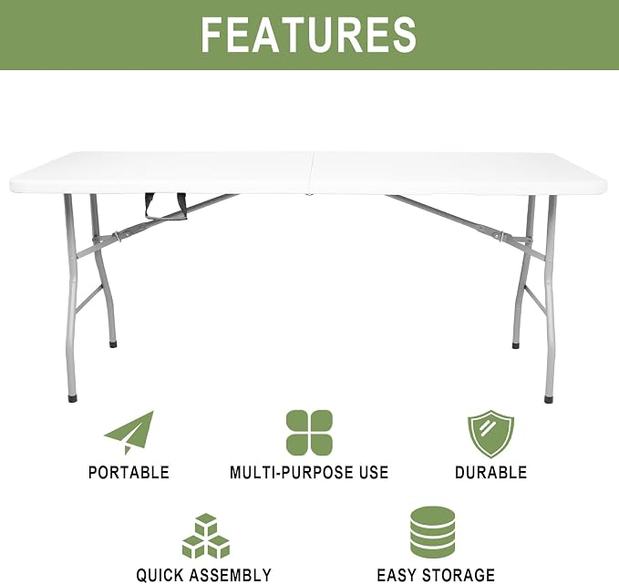 6FT Plastic Folding Table - Portable Picnic Table for Camping, Party, Wedding & Picnic - Outdoor Folding Table with Lock and Handle