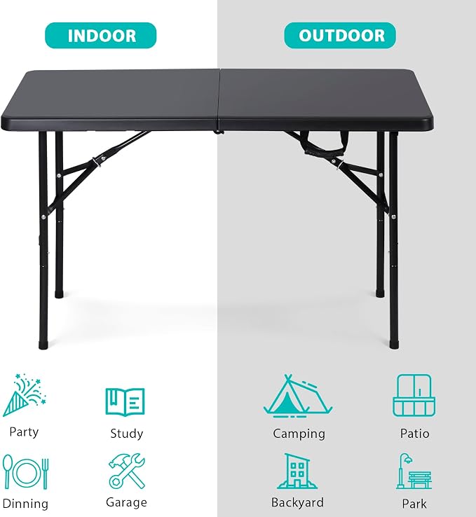 JupiterForce 4ft Folding Table, Indoor Outdoor Portable Plastic Picnic Table, Heavy Duty Rectangular Party Camping Dining Table with Carrying Handle, Black