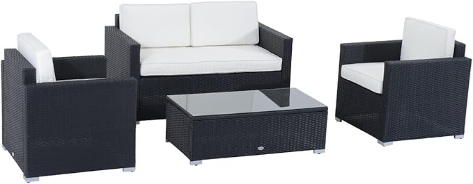 Outsunny 4 Piece Wicker Patio Furniture Set with Cushions, Outdoor Sectional Furniture with 2 Sofa, Loveseat, and Glass Top Coffee Table, Conversation Sofa Sets for Garden, Cream White