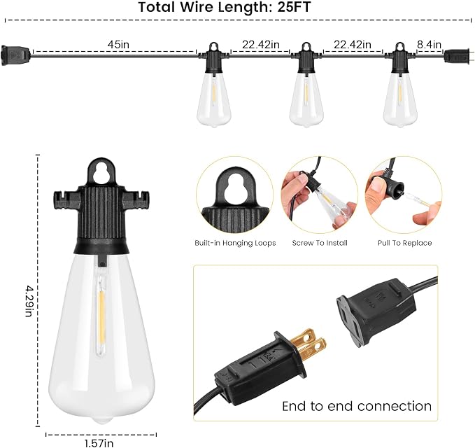 Zuske 25ft Outdoor String Lights, LED Patio Hanging With 12 Shatterproof Bulbs, Waterproof ETL Listed Bistro for Backyard Garden Cafe