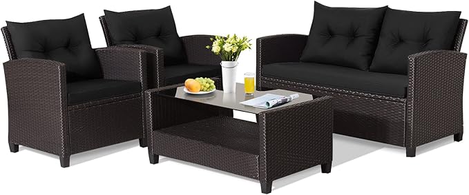 HAPPYGRILL 4 Pieces Patio Furniture Set Outdoor PE Rattan Conversation Set with 2-Tier Coffee Table, Extra Storage Shelf and Cushions, Patio PE Wicker Sofa Set for Garden Backyard Poolside