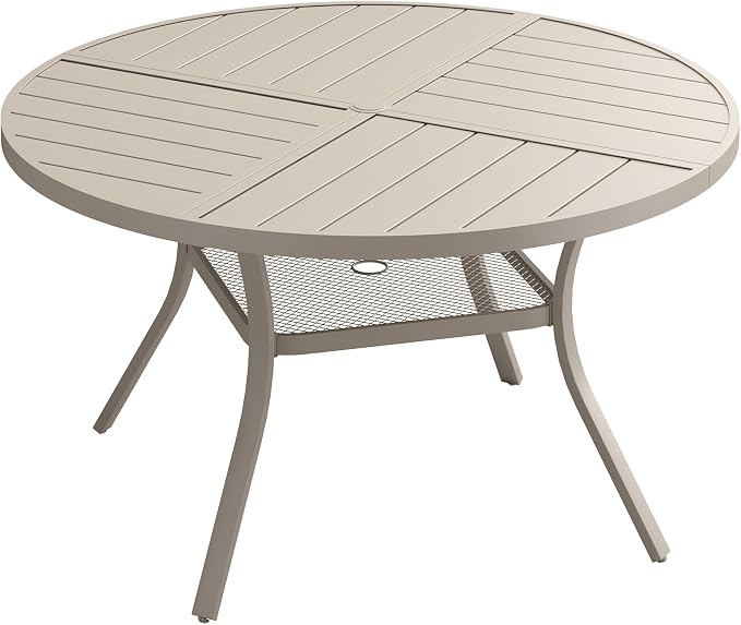 DIFY 47.2" Round Outdoor Patio Dining Table for 6, All-Weather Metal Steel Slatted Patio Table with 1.57" Adjustable Umbrella Hole, for Lawn Garden Porch Backyard, Sandshell