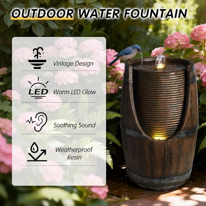 24.8'' Rustic Waterfall Garden Fountain for Patio and Yard - Wood-Look Barrel with LED Lights and Soothing Water Sounds, Weather-Resistant Resin Outdoor Decor
