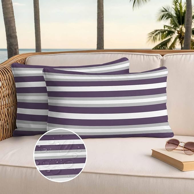 Lumbar Pillow Covers 20x12 Inch Set of 2, Purple Grey Stripe Waterproof Outdoor Pillow Covers, Minimalist Farmhouse Striped Decorative Cushion Pillowcases for Couch, Sofa, Bed, Garden, Patio