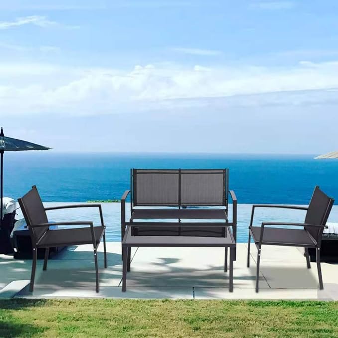 Henf 4 Pieces Patio Conversation Set, Outdoor Patio Furniture Set with Tempered Glass Coffee Table & Textilene Fabric/Iron Sofa for Porch Garden Poolside, Black