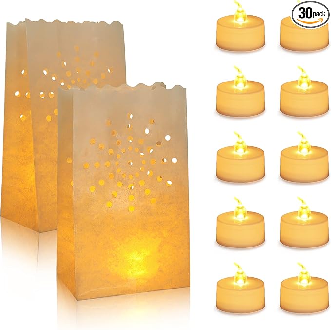 AceList 30 Set Luminaries Bag with Flameless Candles， Flickering LED Tea Lights with Paper Luminary Bags Battery Operation for Wedding Party,Halloween, Thanksgiving, Christmas Decoration（Sun）