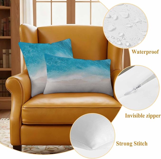 Pack of 2 Blue Beach Coastal Outdoor Pillow Covers Decorative, Ocean Seaside Waterproof Pillow Protector, Summer Nautical Lumbar Throw Pillowcases for Patio Couch Sofa Home Decor 20"x12"