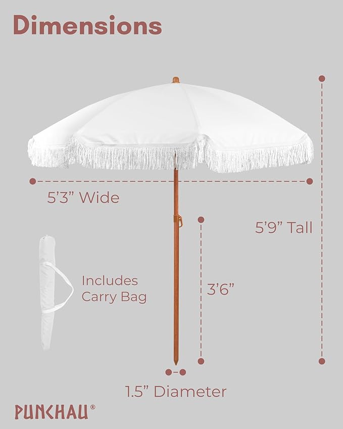 6 Ft Fringe Patio Umbrella - Outdoor Umbrella for Patio, Pool, Table, Garden, Deck, Beach, and Outdoors - Fashionable Boho Vintage Tassels & Wood Print - Push Button Tilt Pole