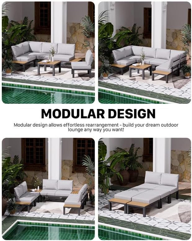 ZANDOR 7 Pieces Aluminum Outdoor Patio Furniture Set, Movable Backrest Modular Sectional Sofa Set, Metal Conversation Set with 4-inch Thick Cushion for Garden Backyard Porch, Grey