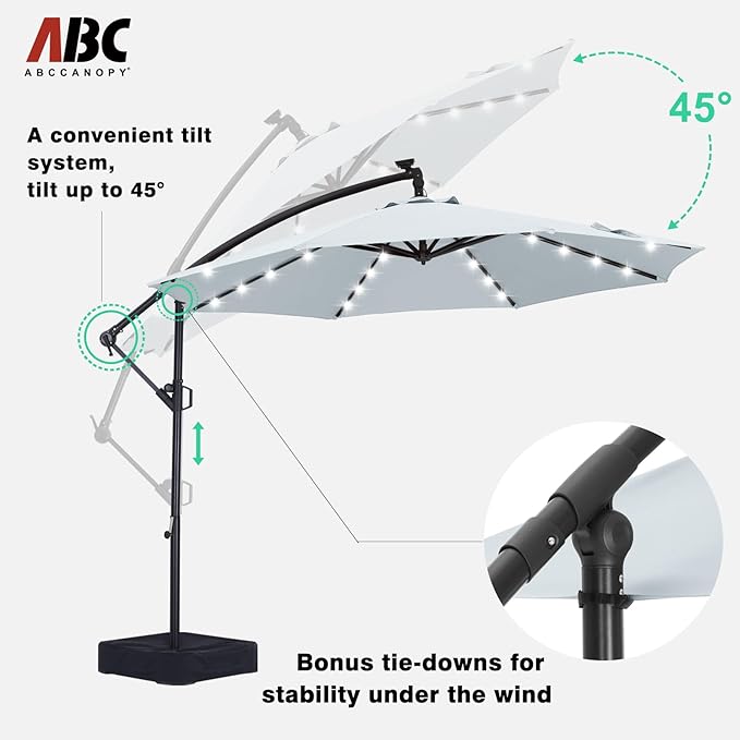 ABCCANOPY 10 FT LED Patio Umbrellas Cantilever Umbrella with base, 360° Rotation Outdoor Lighted Offset Umbrella Bonus Fixed Frame & Weights Bag for Backyard, Deck, Poolside (Gray)