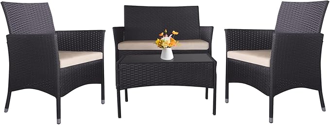 Outdoor Furniture Set of 4 Pieces with PE Waterproof Rattan Tempered Glass Table and Thick Cushions Suitable for Gardens Porches Terraces and Balconies Easy to Assemble Black and Beige